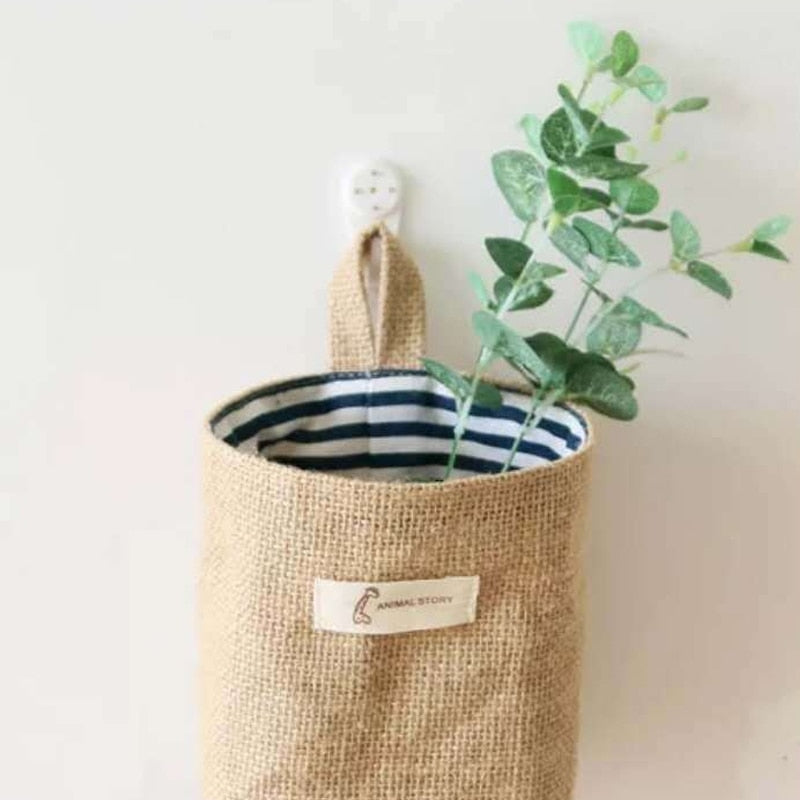 Jute Cotton Linen Bag Desktop Storage Basket Hanging Pocket Small Sack Sundries Storage Box With Handle Cosmetic Storage Bag.