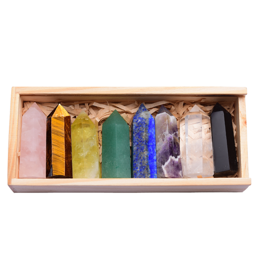 8 Natural Crystal wands in wooden gift box - used for crystal healing & Reiki