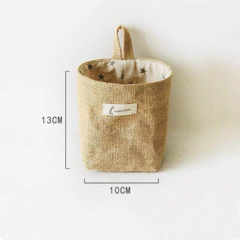 Jute Cotton Linen Bag Desktop Storage Basket Hanging Pocket Small Sack Sundries Storage Box With Handle Cosmetic Storage Bag.