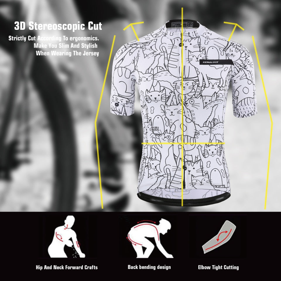 KEMALOCE Breathable Unisex White Cartoon Cat Cycling Jersey - Eco-Friendly Bike Clothing.