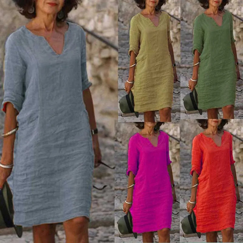 Women's Solid Mini Dress - Summer Fashion V-neck Cotton Linen Dress