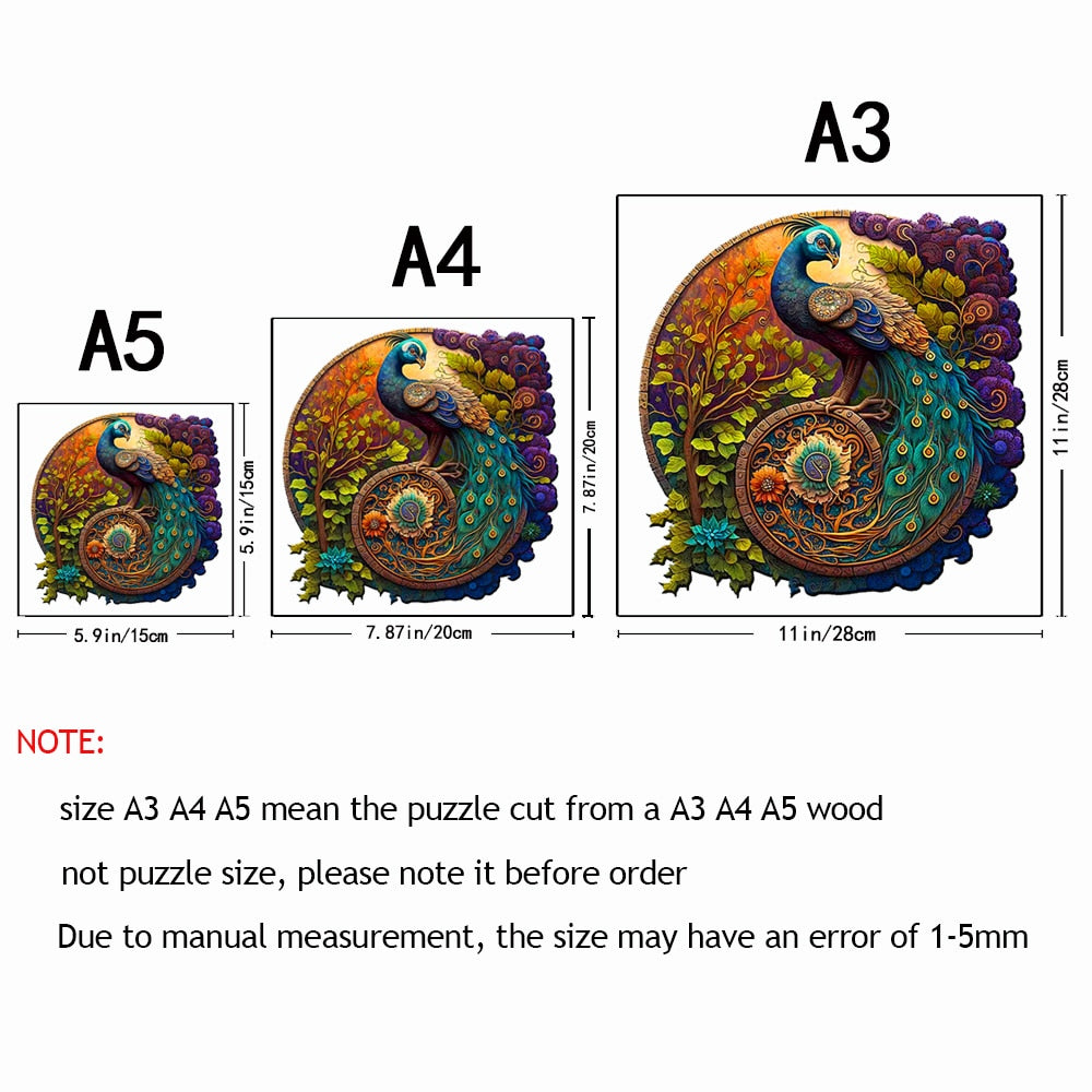 Round Wooden Puzzle - Beautiful Round Peacock Jigsaw Puzzle with animals - for Children and Adults