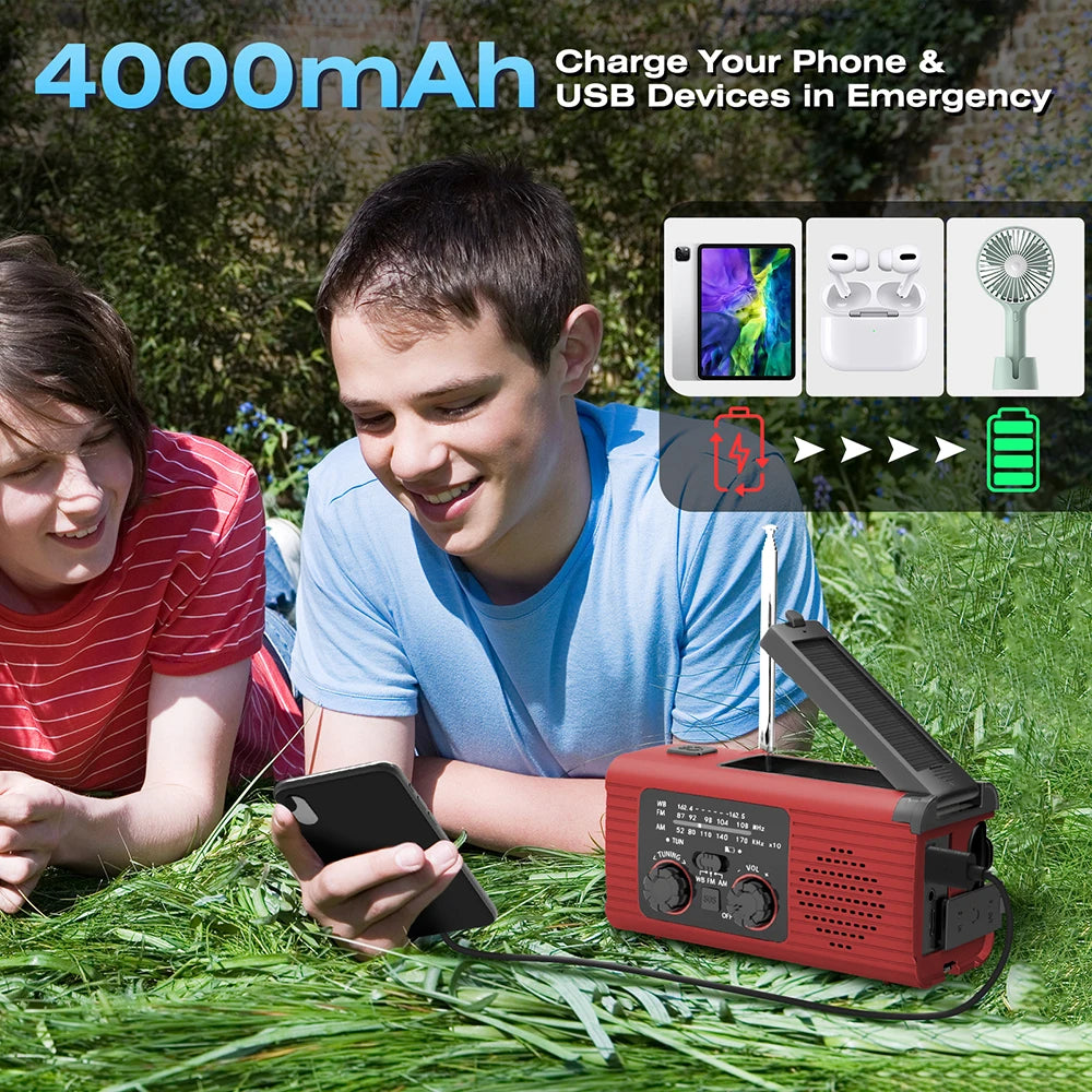 Emergency survival radio - with hand crank and solar charging - strong flashlight