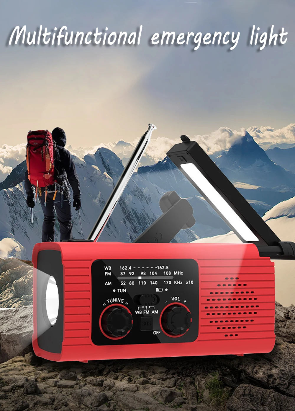 Emergency survival radio - with hand crank and solar charging - strong flashlight