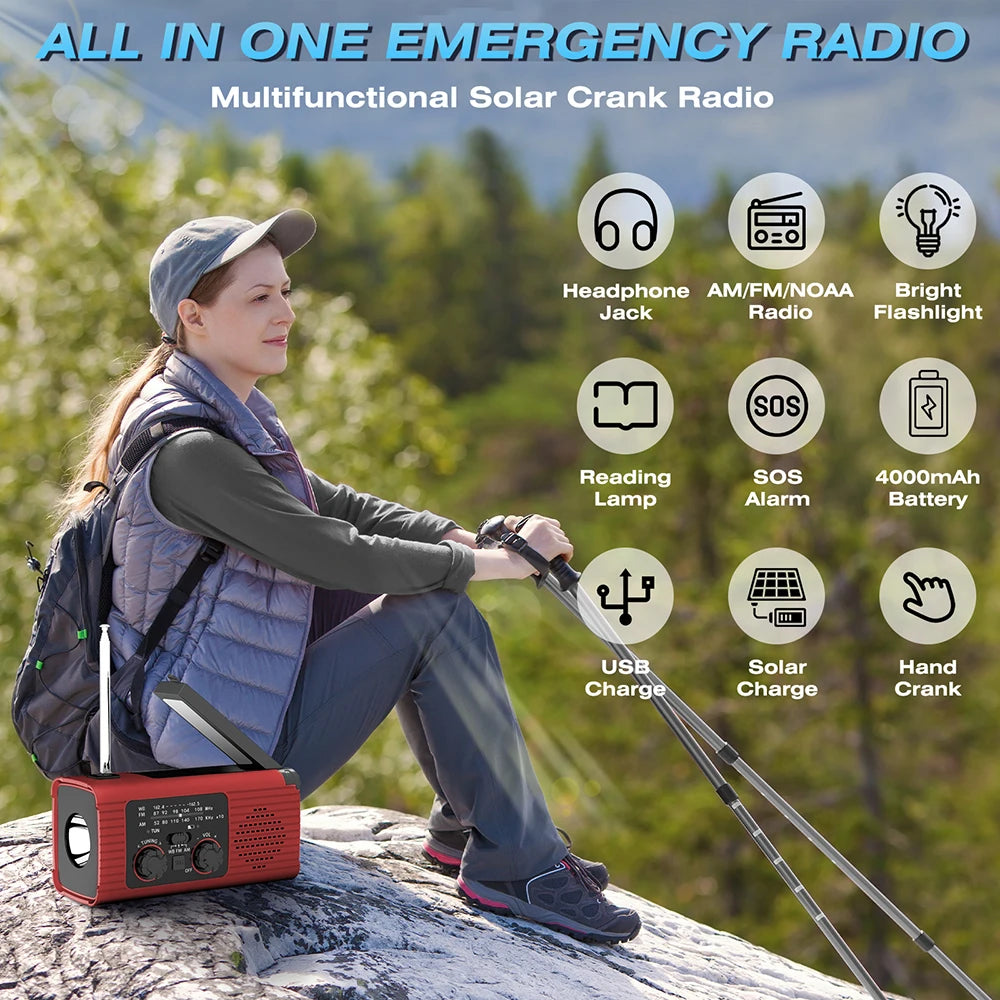 Emergency survival radio - with hand crank and solar charging - strong flashlight