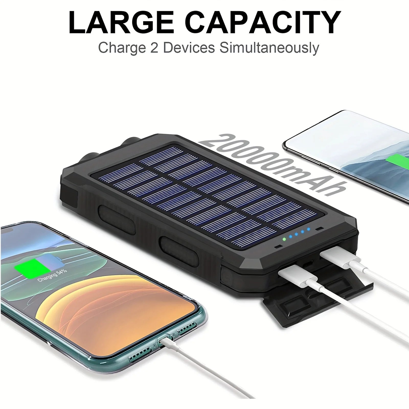 Portable Solar Charger Power Bank 20000mAh - 5V Fast Charging with Super Bright LED Flashlight