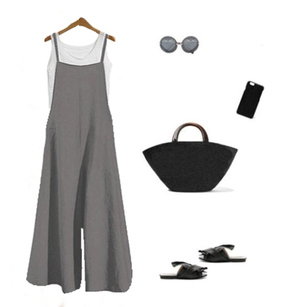 Casual Loose Baggy Linen Jumpsuit - Wide Leg Dungaree Style Baggy Overalls.