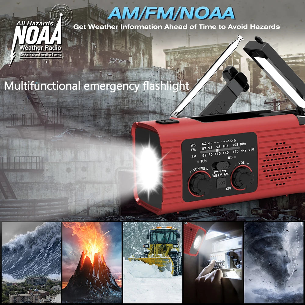 Emergency survival radio - with hand crank and solar charging - strong flashlight