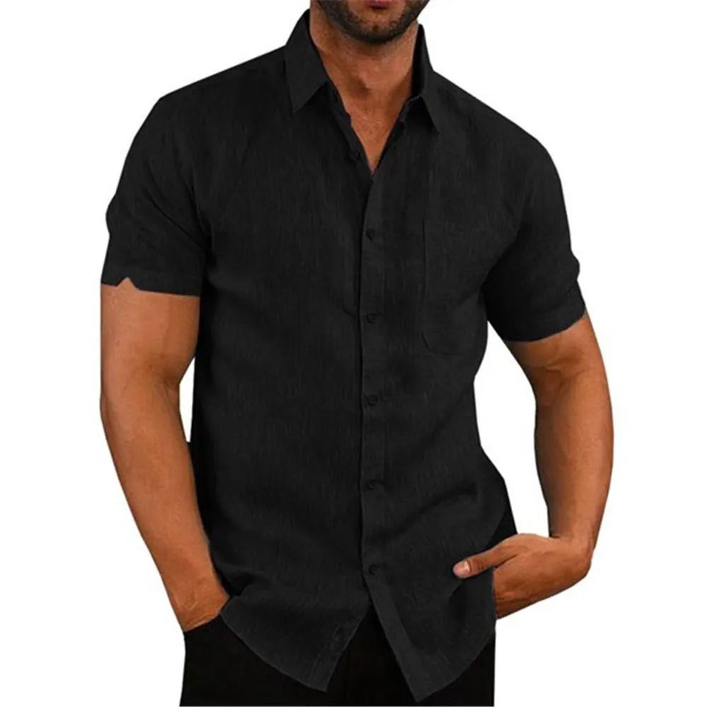 Turn-down Collar Cotton Linen Men's Short-Sleeved Shirt - Casual Beach Style