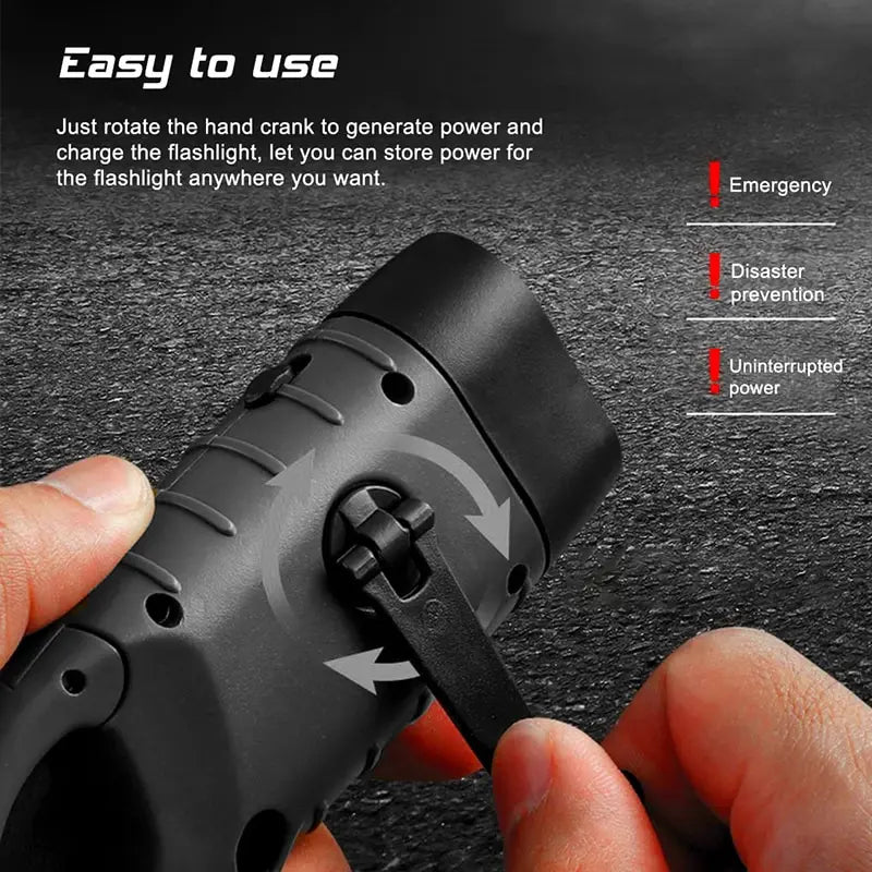 LED Flashlight Hand Crank Charging - Solar Powered Rechargeable Survival Gear