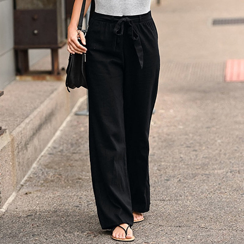 Cotton Linen Pants with Elastic Waist - Loose Straight Casual Summer Trousers.