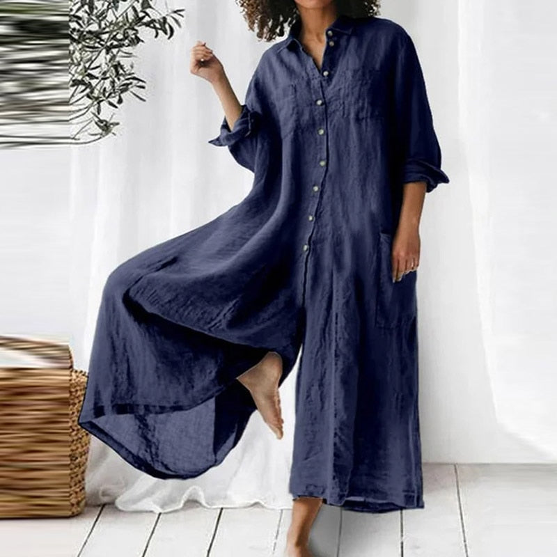 Baggy Linen Jumpsuit - Retro button up rompers with wide leg - Pocket overalls