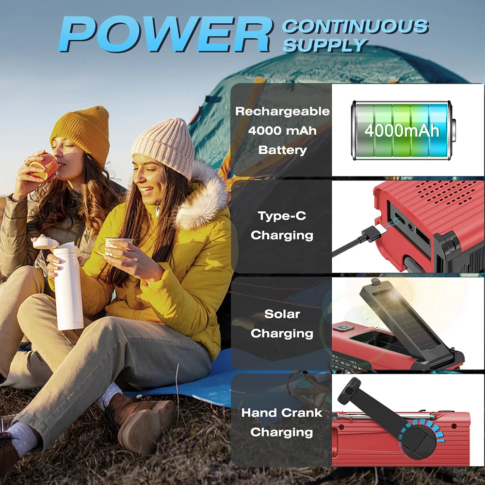 Emergency survival radio - with hand crank and solar charging - strong flashlight