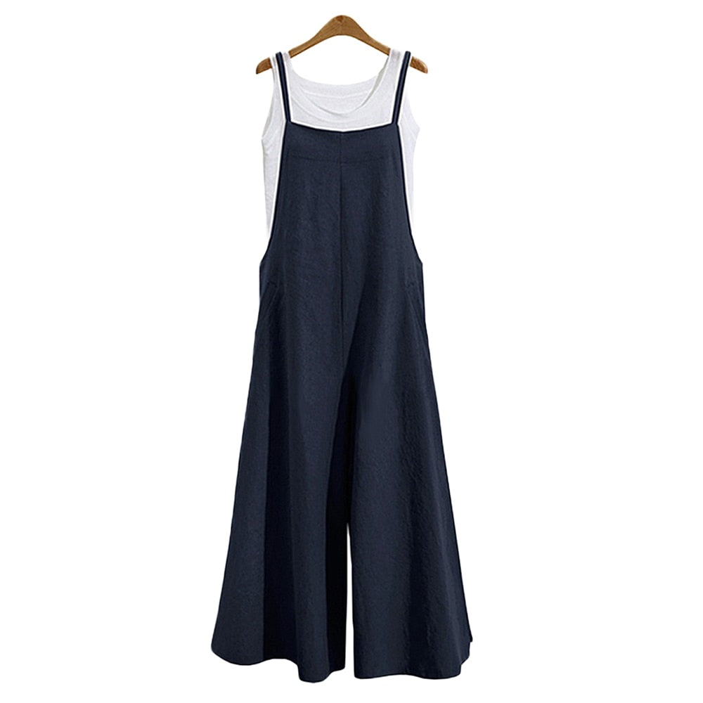 Casual Loose Linen Jumpsuit - Wide Leg Dungaree Style Baggy Overalls.