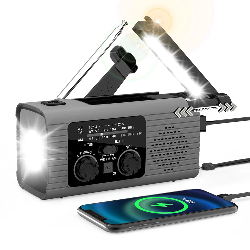 Emergency survival radio - with hand crank and solar charging - strong flashlight