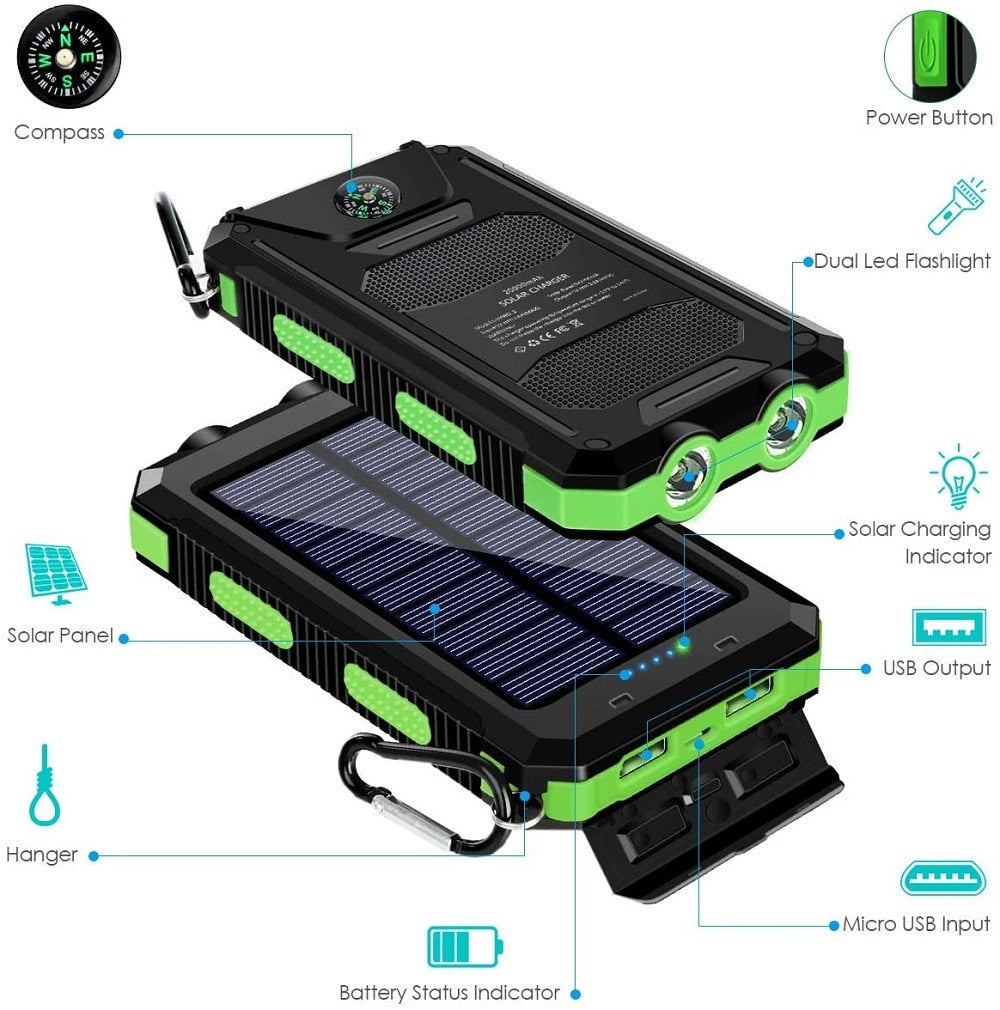 20000mAh Portable Solar Power Bank Charger with Strong LED Light & Double USB.