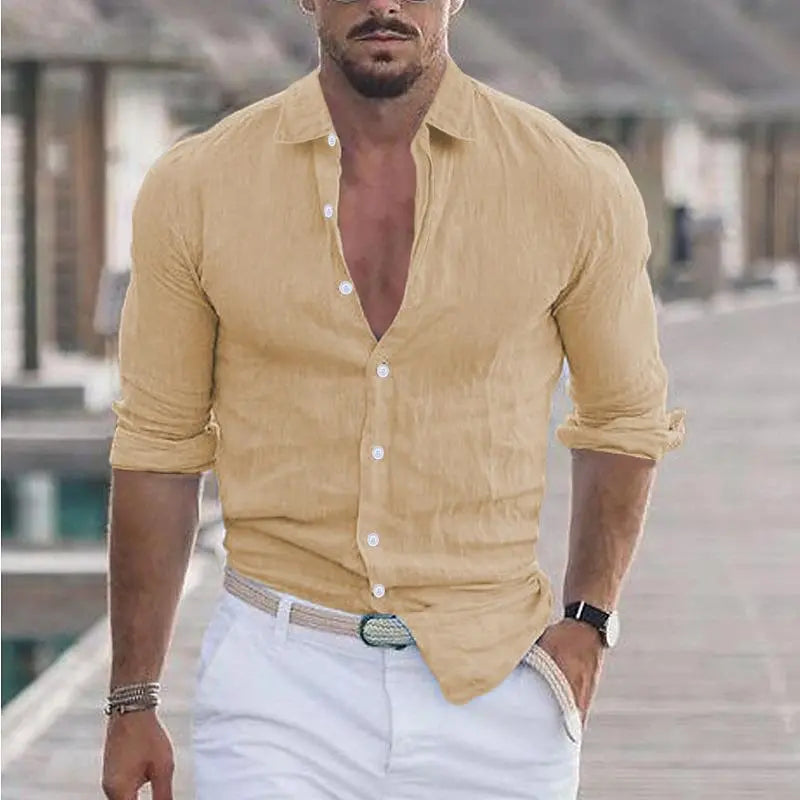 Men's Cotton Linen Shirt - Casual Polo Neck Beach Shirt Long Sleeve