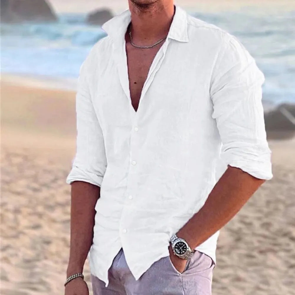 Men's Cotton Linen Shirt - Casual Polo Neck Beach Shirt Long Sleeve