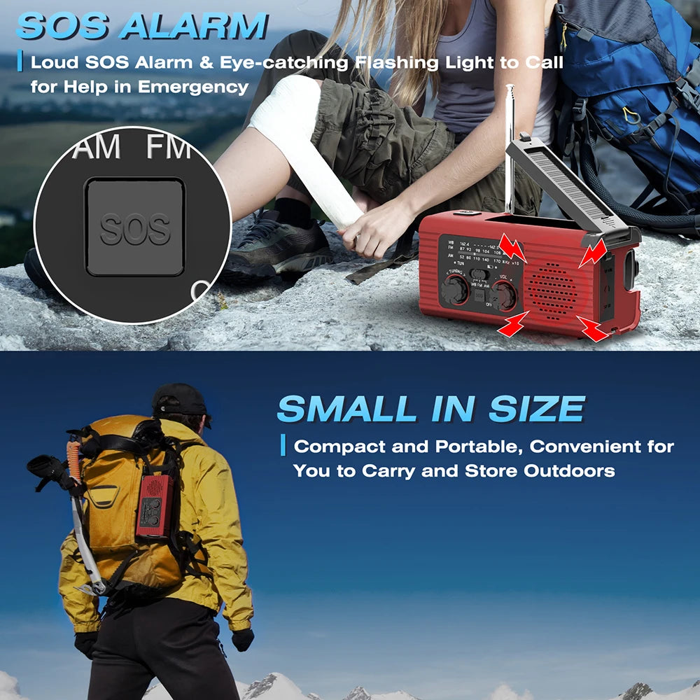 Emergency survival radio - with hand crank and solar charging - strong flashlight