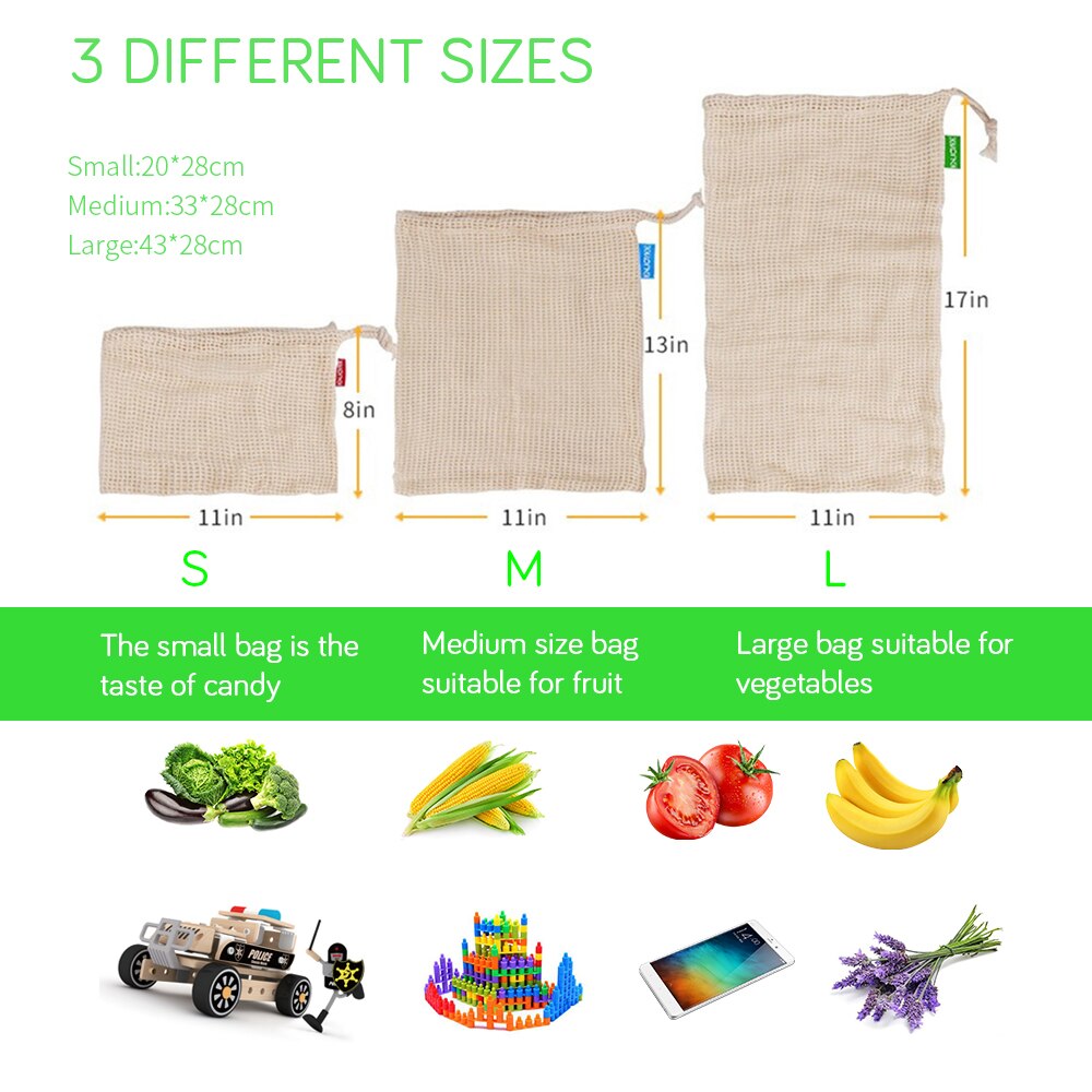 Reusable Eco Friendly Cotton Mesh Produce Bags for Vegetables & Fruit - Washable Grid Storage Bags.