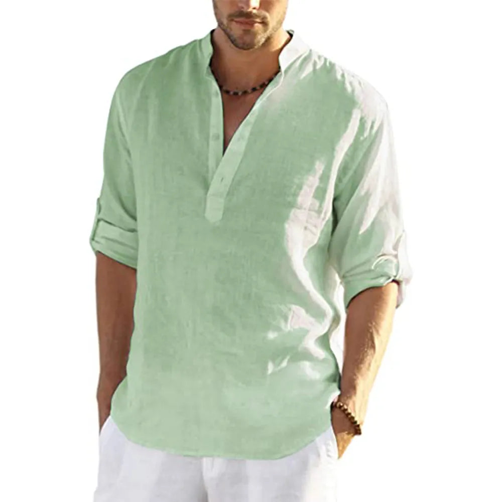 Men's Casual Cotton Linen Shirt - Loose Fitting Long Sleeve Men's Shirt