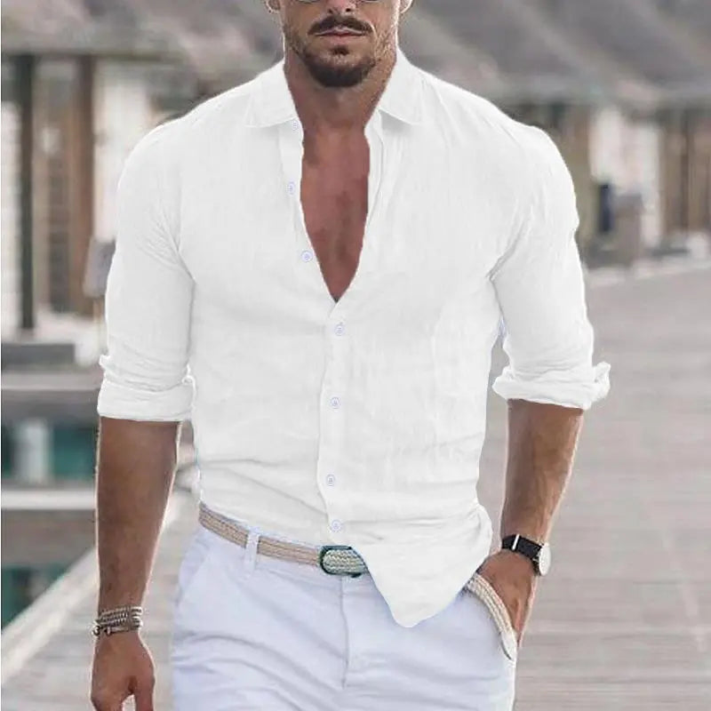 Men's Cotton Linen Shirt - Casual Polo Neck Beach Shirt Long Sleeve