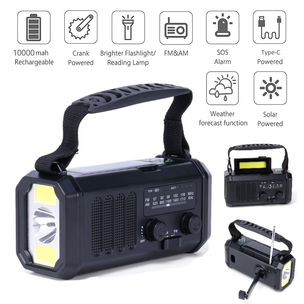 Hand Crank Emergency Radio / Solar USB Charging with power bank battery / Emergency LED Flashlight