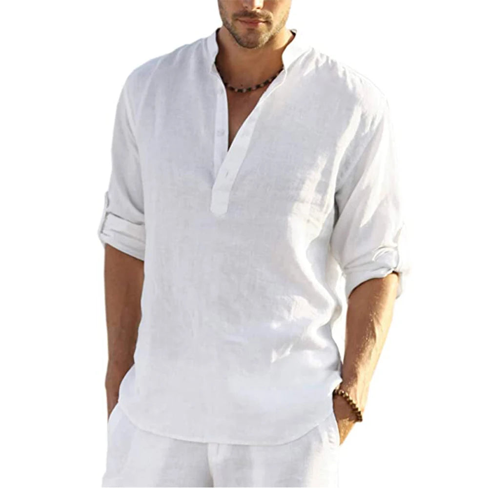 Men's Casual Cotton Linen Shirt - Loose Fitting Long Sleeve Men's Shirt