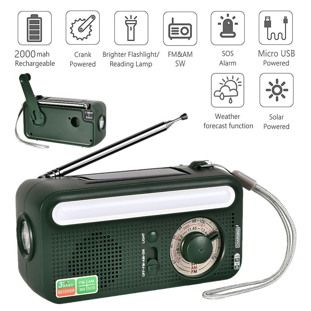 Hand Crank Emergency Radio / Solar USB Charging with power bank battery / Emergency LED Flashlight