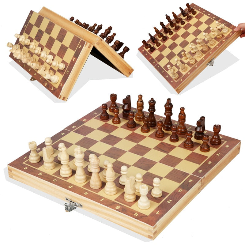 Wooden Chess Set with Folding Board and Magnetic Pieces - Family Board Game 