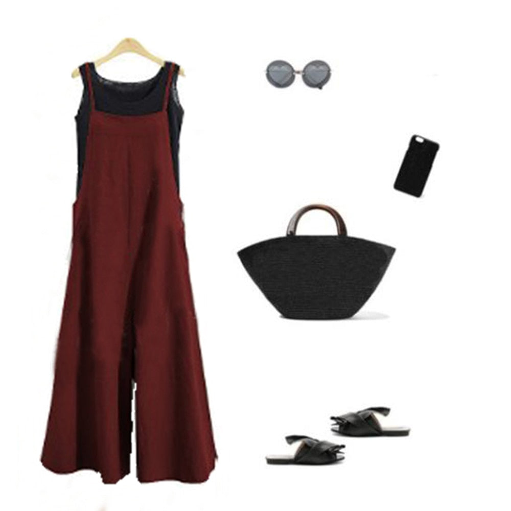 Casual Loose Linen Jumpsuit - Wide Leg Dungaree Style Baggy Overalls.