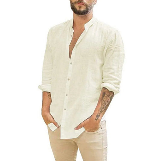 Cotton Linen Men's Long-Sleeved Summer Shirt with Stand-Up Collar