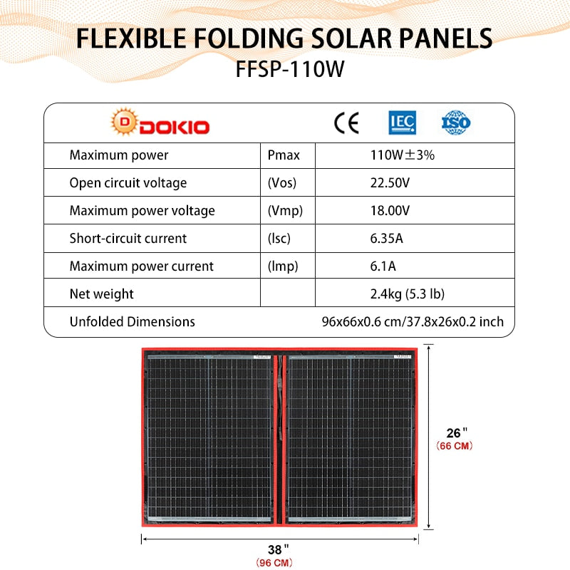 DOKIO18V 100w Flexible Foldble Solar Panels for 12v Charging your devices off grid.