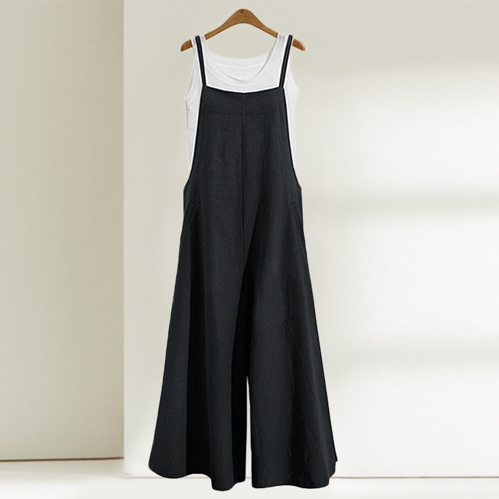 Casual Loose Linen Jumpsuit - Wide Leg Baggy Linene Dungarees Style Baggy Overalls