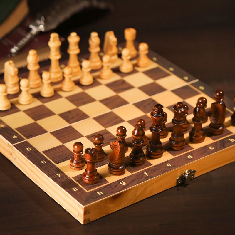 Wooden Chess Set with Folding Board and Magnetic Pieces - Family Board Game 