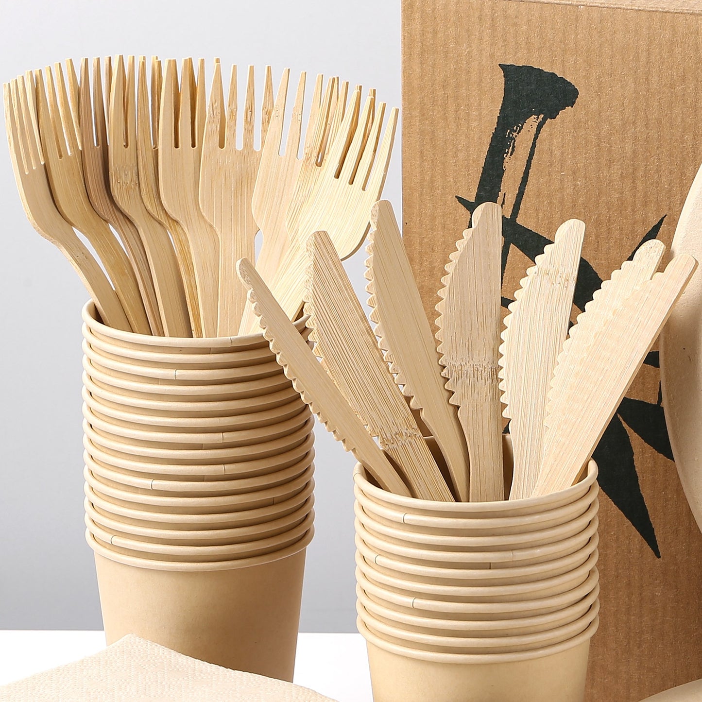 Disposable Tableware Set - Plastic-Free Bamboo Cutlery, Plates and Napkins. Eco-friendly disposable cutlery. 