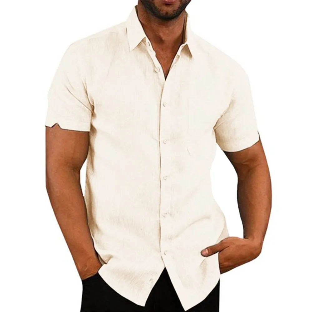 Turn-down Collar Cotton Linen Men's Short-Sleeved Shirt - Casual Beach Style