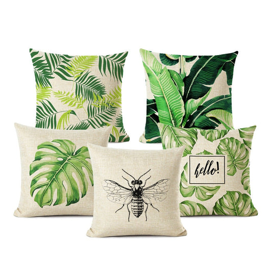 Nature inspired Cushion Cover - Leaves, Botanical, Tropical, Plam Leaves, Bee.