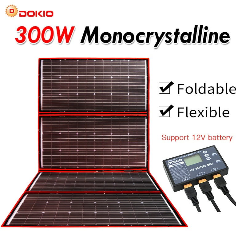 DOKIO 300W 18V Flexible Foldable Portable Solar Panel kit supporting 12v battery.