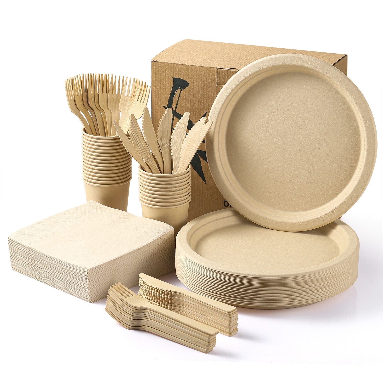 Disposable Tableware Set - Plastic-Free Bamboo Cutlery, Plates, Cups and Napkins
