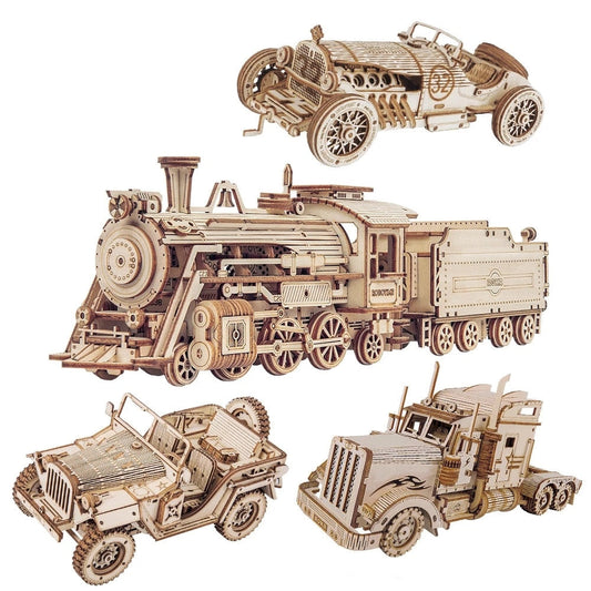 3D Wooden Puzzles - Movable Steam Train, Grand Prix Car, Army Jeep, Heavy Truck - unique gift idea