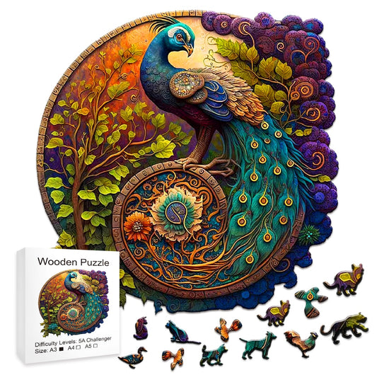 Round Wooden Puzzle - Beautiful Round Peacock Jigsaw Puzzle with animals - for Children and Adults