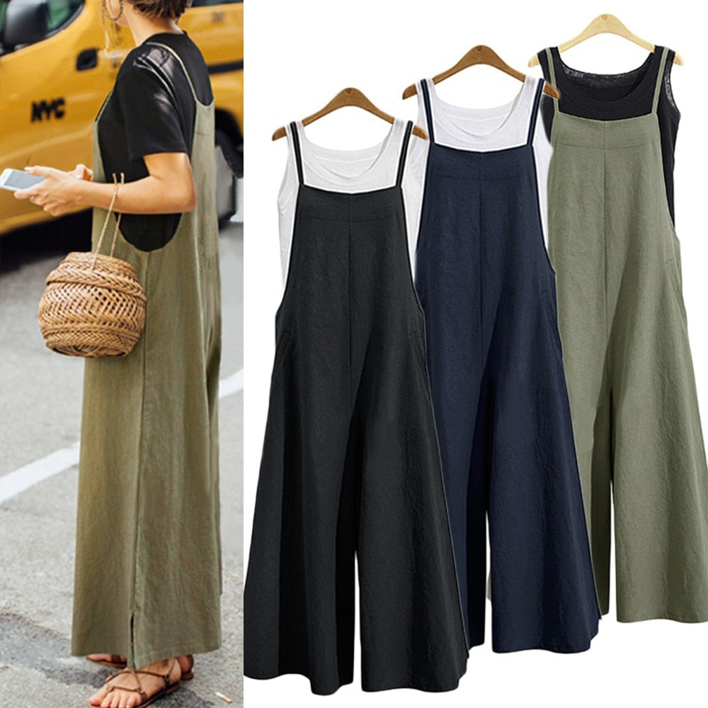 Casual Loose Baggy Linen Jumpsuit - Wide Leg Dungaree Style Baggy Overalls